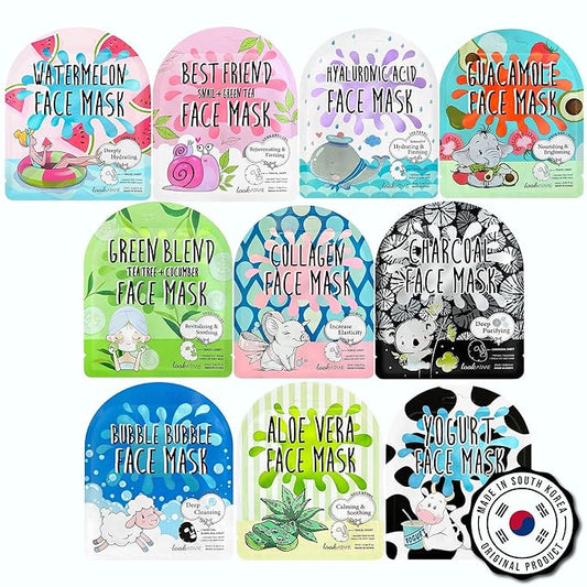 NATURAL Korean Sheet Mask (10 pcs set) made with Premium Tencel, Hydrating Face Masks, Face Sheet Mask, Korean Face Mask Skin Care For Women, Teen, Girls, Mens, Beauty Mask, Spa face Masks for a Youthful K-Beauty Glow