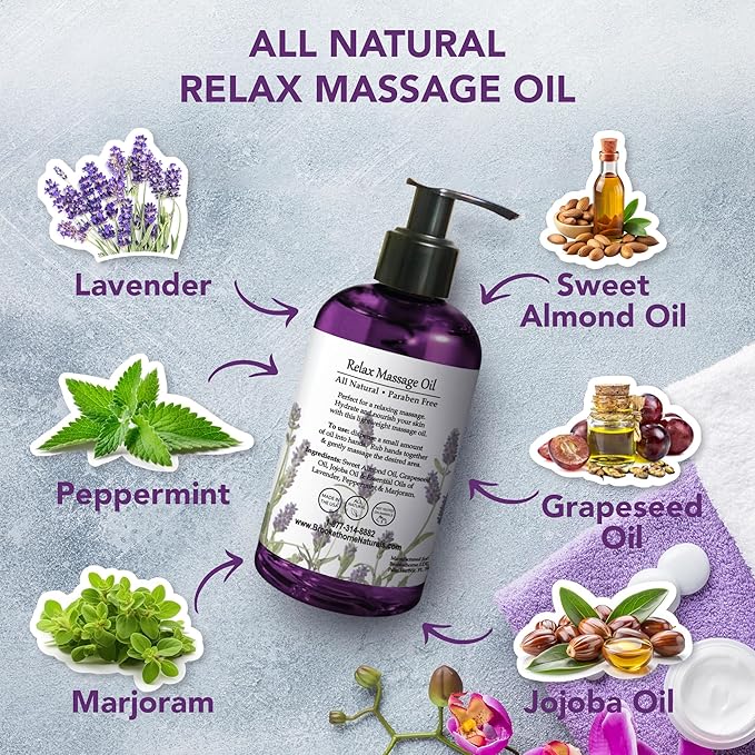 Relax Therapeutic Body Massage Oil - with Best Essential Oils for Sore Muscles & Stiffness – Lavender, Peppermint & Marjoram - All Natural - with Sweet Almond, Grapeseed & Jojoba Oil 8oz