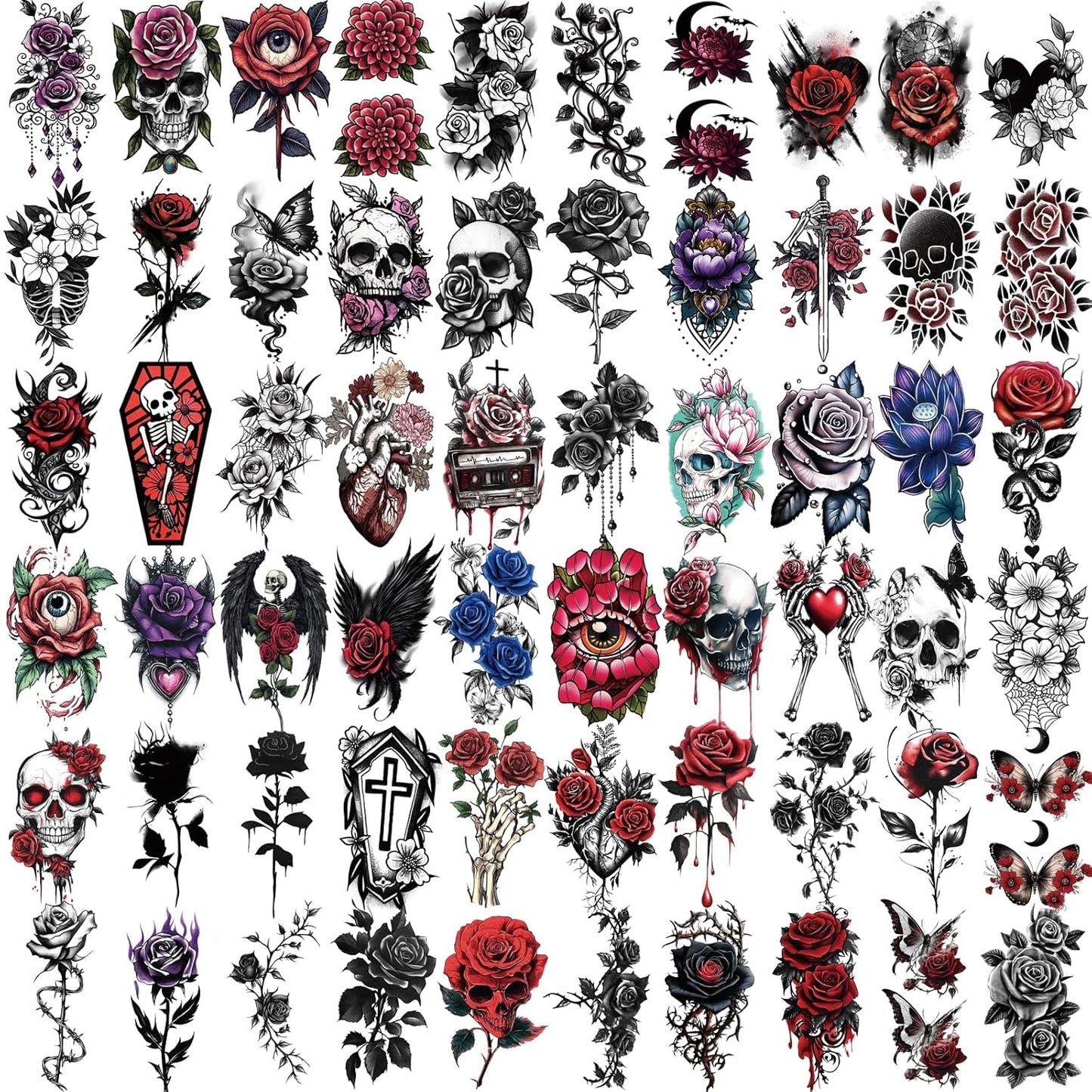 77 Sheets Flower Temporary Tattoo, 17 Sheets Half Arm Skull Rose Sunflower Fake Arm Leg Chest Tattoos for Adults Men Women, 60 Sheets Tiny Tattoos Stickers for Boys Girls Kids Party Favors