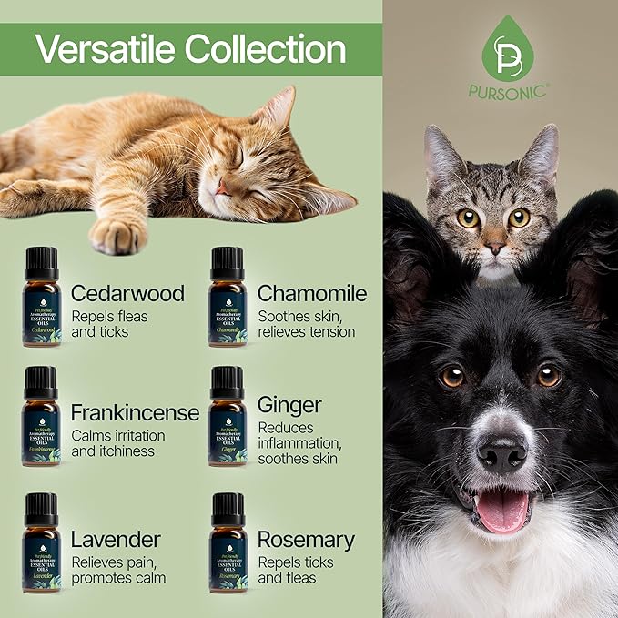 PURSONIC Pet Friendly Aromatherapy Essential Oils Collection, 6-Count - Safe for Dogs and Cats, Natural Relaxation and Stress Relief