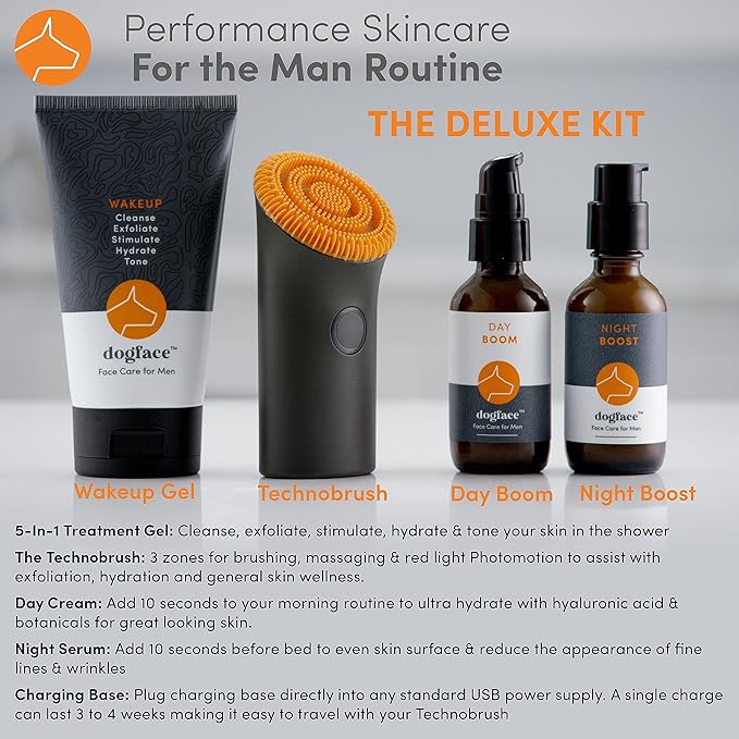 Dogface Deluxe Kit- Men's Red Light Facial Brush, Silicone Bristles Exfoliate & Cleanse, Hyaluronic Acid Moisturizes & Hydrates, Retinol Night Serum- Technobrush, Wakeup Gel, Day Boom & Night Boost