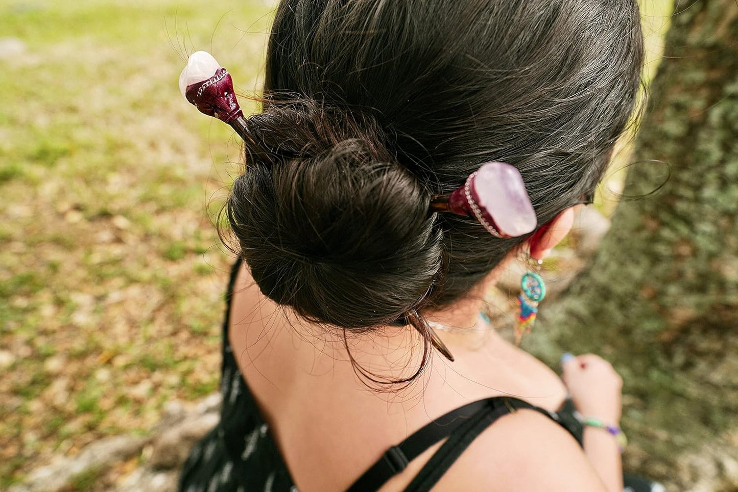 Mia Jewel Shop - Natural Tumbled Healing Gemstone Crystal Chonta Wooden Hair Sticks – Handmade Hair Sticks for Women | Hair Pins Boho Reiki Accessories, Fashion Gifts (Red Howlite)