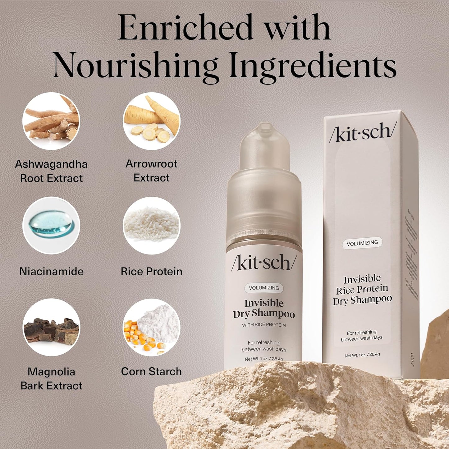 Kitsch Volumizing Rice Protein Dry Shampoo Powder - Dry Shampoo for Women & Men, No White Cast, Absorbs Oil, Non-Greasy, For Light-to-medium Hair Colors, Travel Size in Pump Form - Invisible 1oz