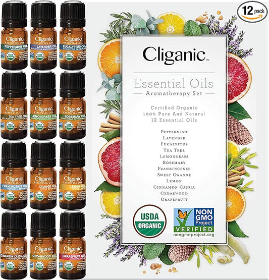 Cliganic USDA Organic Aromatherapy TOP 12 Essential Oils Set, 100% Pure - Peppermint, Lavender, Eucalyptus, Tea Tree, Lemongrass, Rosemary, Frankincense, Orange, Lemon, Cassia, Cedarwood & Grapefruit