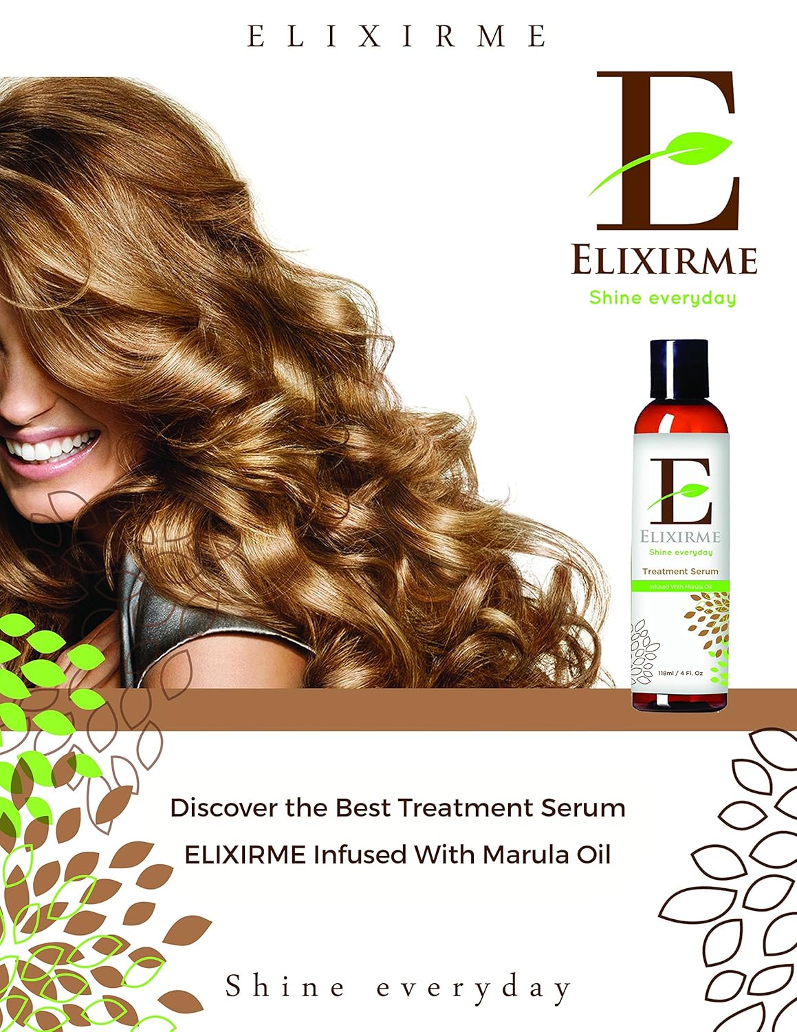Elixirme-Anti Frizz Hair Treatment Serum For Damaged, Dry, Colored Hair. Add Shine, Protect, Rejuvenate, Strengthen and Restore. Infused with Marula, Avocado and Sweet Almond Oil- 4.oz