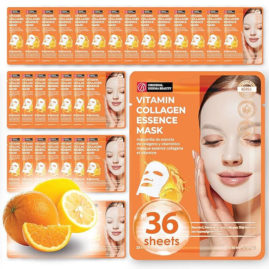 Original Derma Beauty Collagen Face Masks 36 PK Vegan Ultra Moisturizing Face Masks Skincare Sheet Masks Set for Beauty & Personal Care Korean Face Mask (Vitamin)