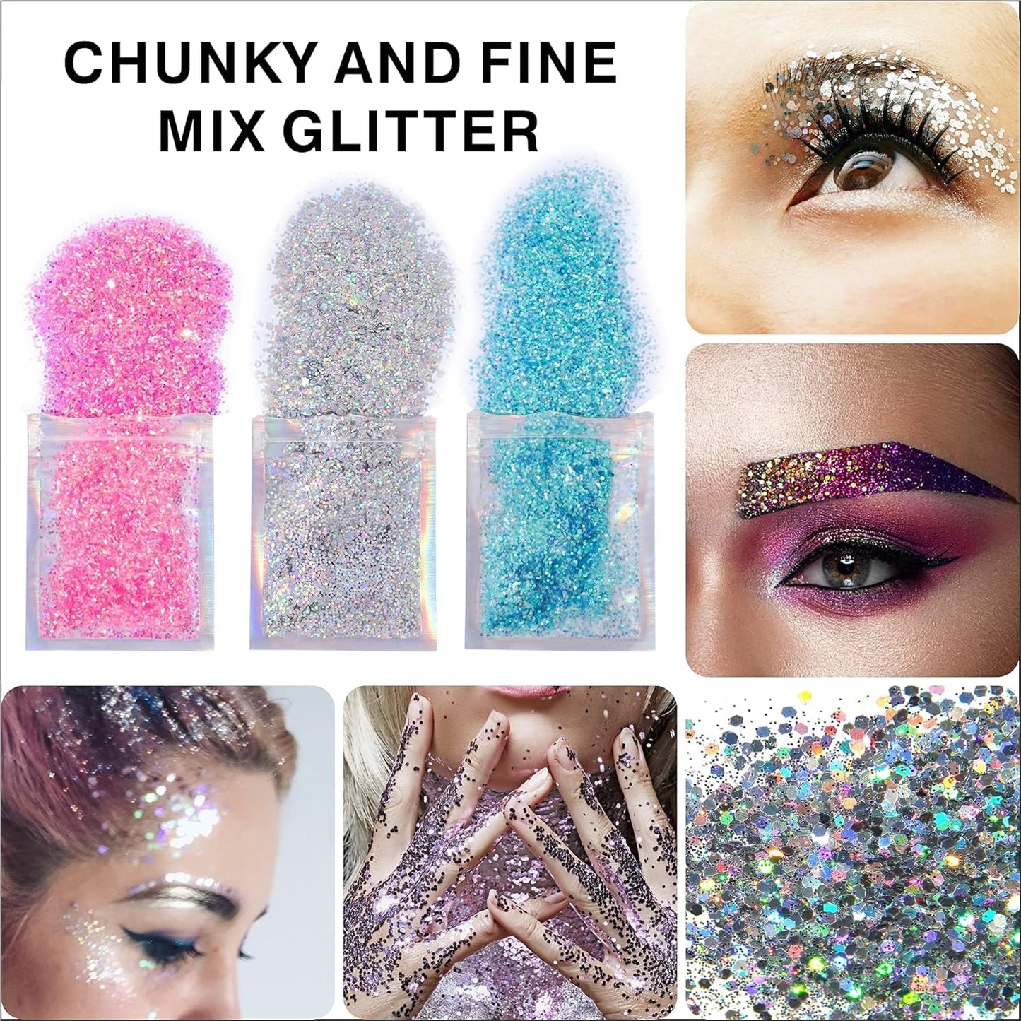 12 Sheets Face Jewels Rhinestones Crystal Stickers, 15g Chunky and Fine Mix Glitter, Eye Face Body Rave Outfits Clothes for Women, Mermaid Makeup Gems Rave Festival Accessories