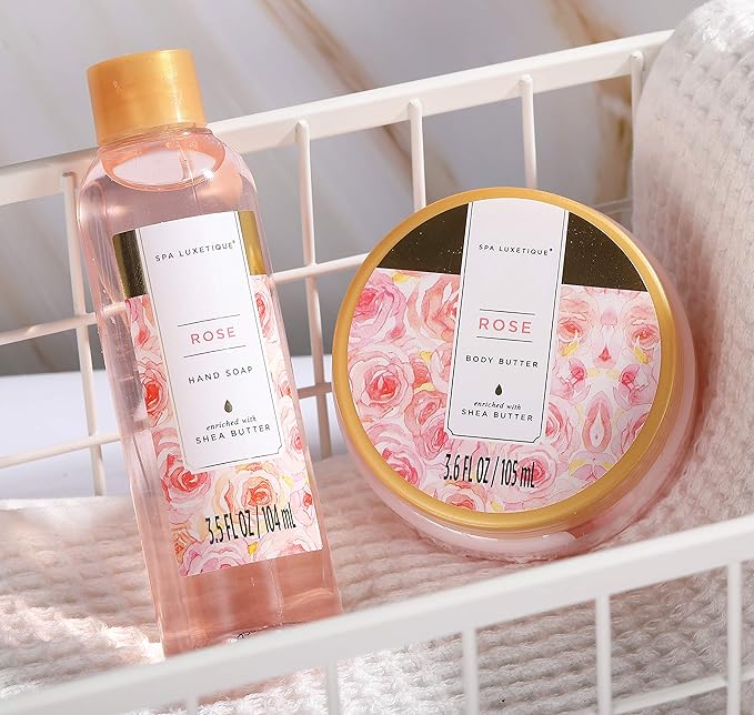 Spa Luxetique Spa Gift Set, Bath Gift Set for Women, 10 Pcs Rose Bath Set, Pink Tote Gift Bag with Shower Gel, Bubble Bath, Body Lotion, Hand Cream, Beauty Gifts for Women