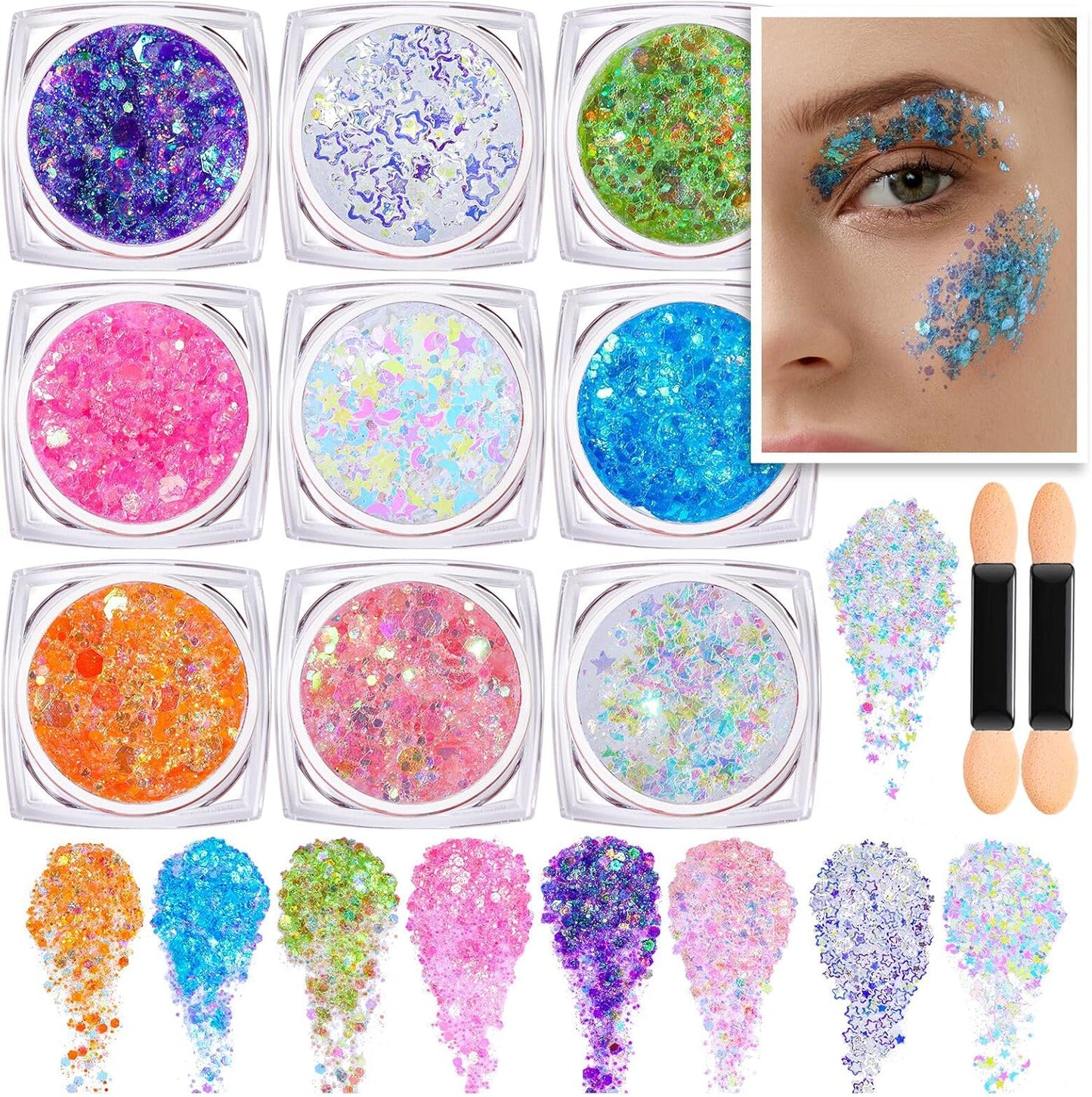 Teenitor Face Glitter, Body Glitter Gel Set, 9 Colors Makeup Gel Glitter for Face and Body, Hair Glitter for Festival Party Cheer