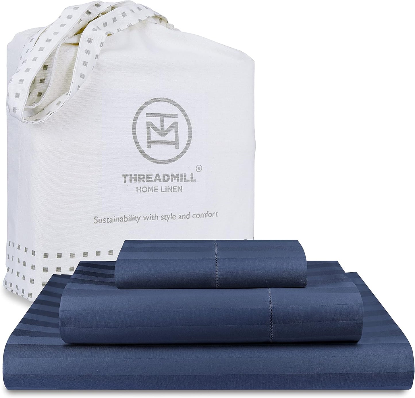 Threadmill 500 Thread Count Twin-XL Size Damask Stripe, 3 Pc Luxury Cotton Bed Sheet Set, Breathable Folkstone Blue Sheets with 15" Elasticized Deep Pocket, 1 Pillowcase & Free Tote Bag
