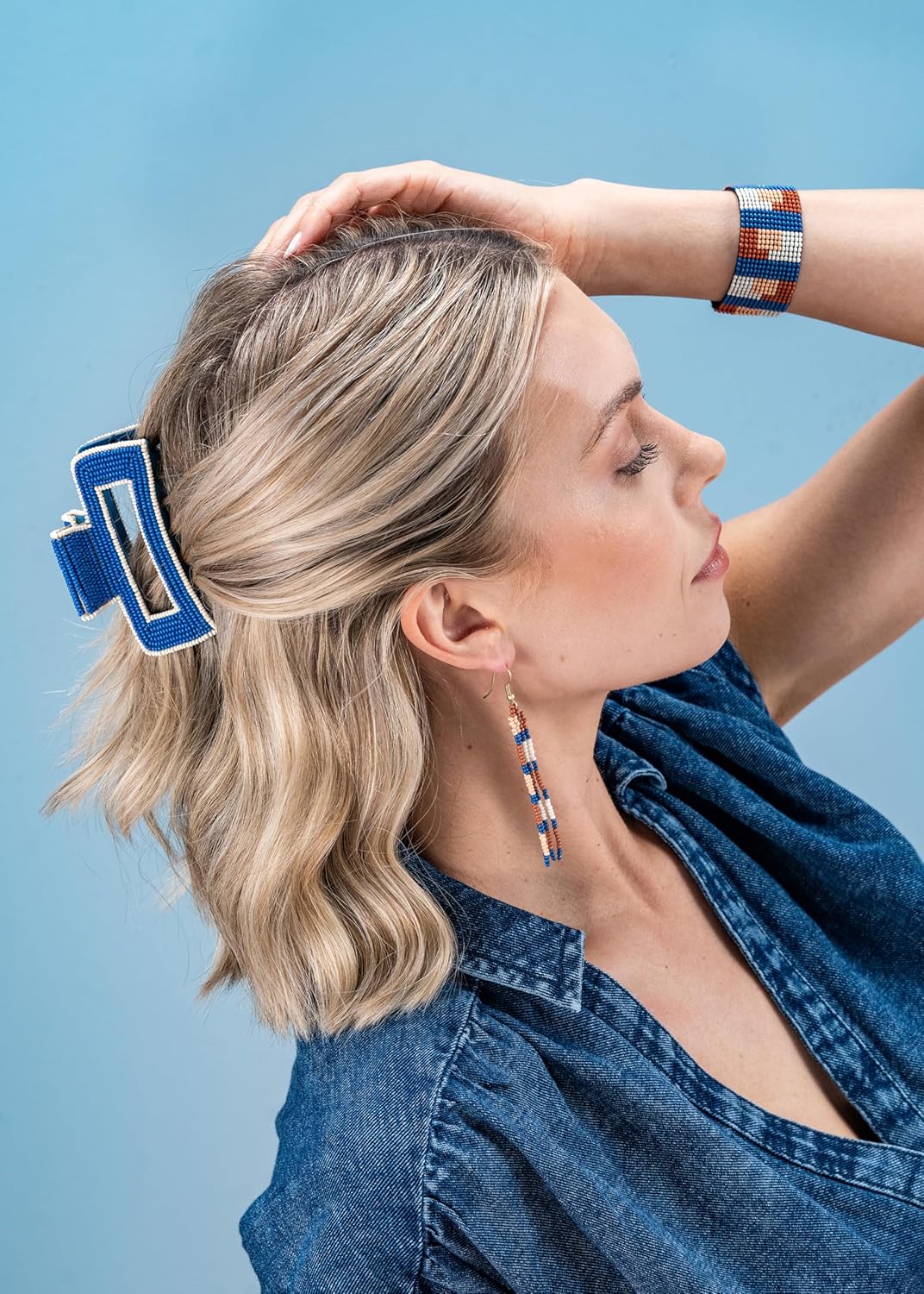 INK+ALLOY Beaded Hair Clips, Lola Large Statement Boho Cute Claw Clips for Women, Secure Hold for Thin & Thick Hair, Handmade Accessories for the Modern Bohemian, 3.5-Inches (Denim Blue)