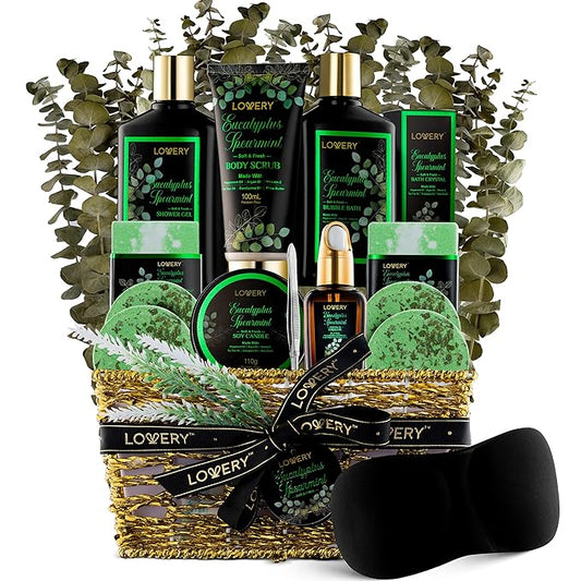 Mothers Day Gifts, Eucalyptus Spearmint Bath Set, Home Spa Set with Natural Mint Fragrance, 17 Pcs Gift Basket, Eucalyptus Bath Oil, Shower Gel, Bubble Bath, Bath Crystal, Steamer Tablet & More