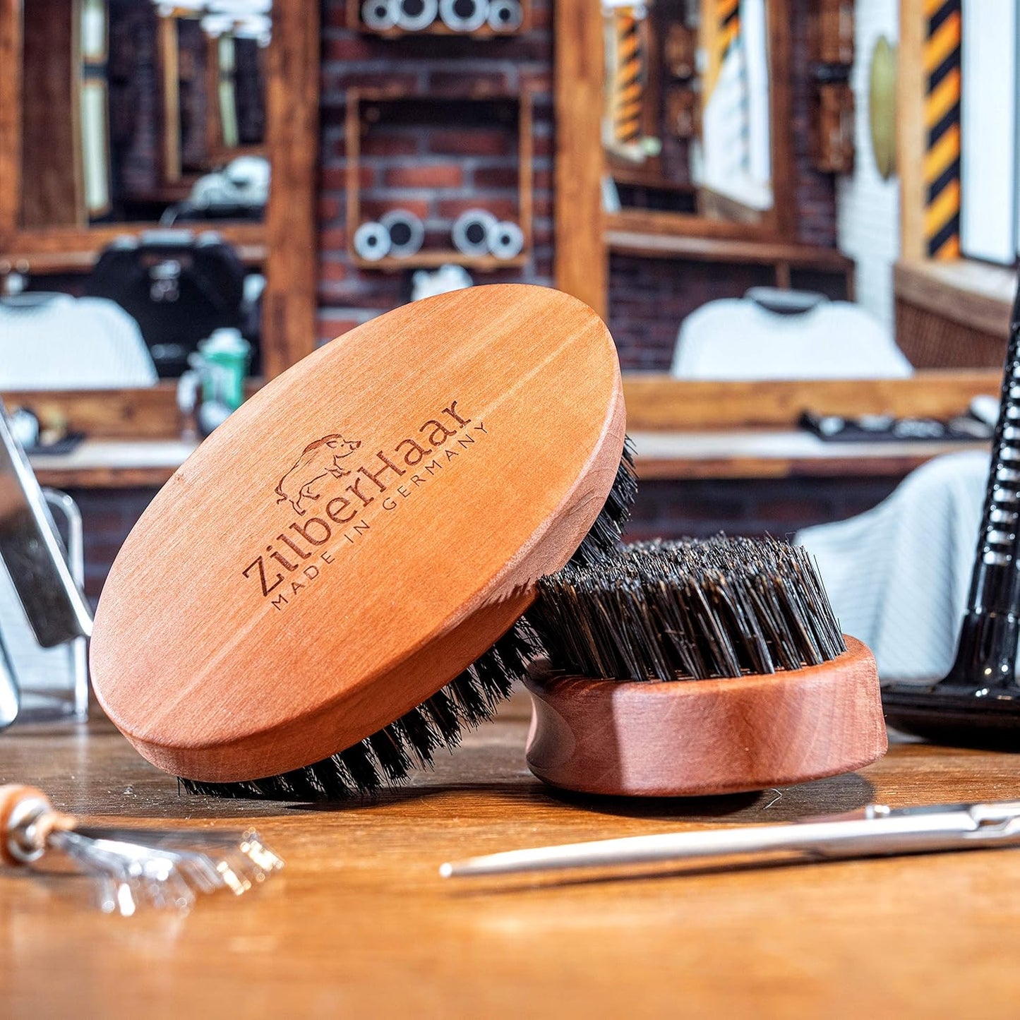 ZilberHaar - Men's Slanted Bristle Hair and Beard Brush - Natural Boar and Pearwood Military Style