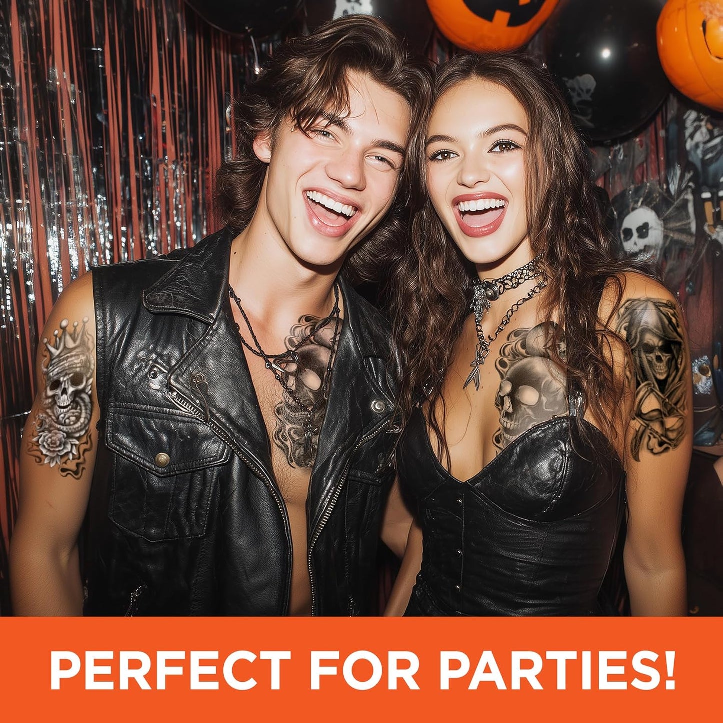 Skull Temporary Tattoo Sleeves – Realistic Full Arm Fake Tattoos for Men & Women, Slip-On Sleeve Style, Reusable Halloween Costume Accessory or Cosplay Prop