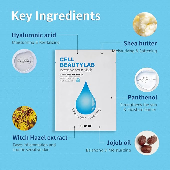Intensive Aqua Mask 20 Pack｜Hydrating, Moisturizing and Soothing Face Sheet Mask for All Skin Types｜With Hyaluronic Acid, Panthenol, Shea Butter, Jojob Oil, Witch Hazel