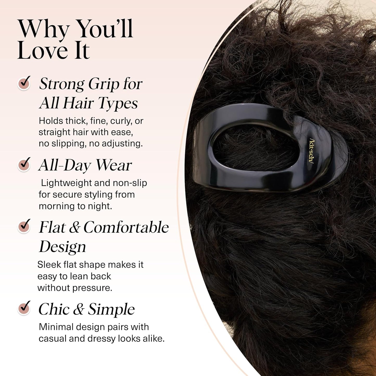 Kitsch Large Flat Claw Clips for Women - Stylish Flat Hair Clips, Strong Hold for Thick & Fine Hair | Non-Slip for Secure, Comfortable All-Day Wear | Ideal Gifts for Women - Black