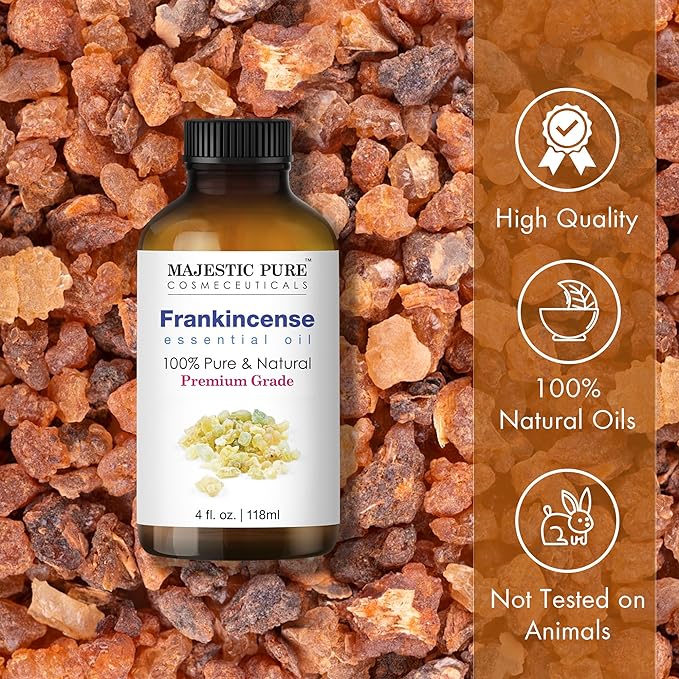 MAJESTIC PURE Frankincense Essential Oil with Glass Dropper | 100% Pure and Natural Frankincense Oil | Premium Grade Essential Oils for Diffusers, Skin, Aromatherapy, Massage | 4 Fl Oz