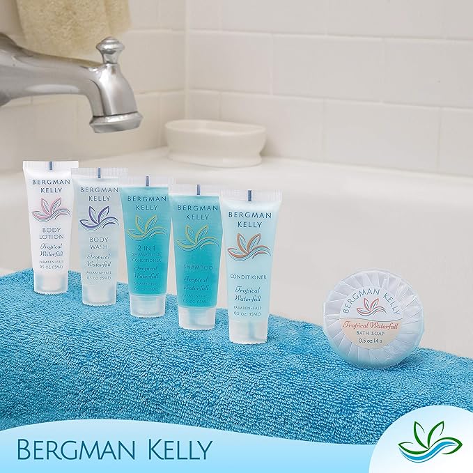 BERGMAN KELLY Rectangular Hotel Soap Bars, Shampoo & Conditioner 3-Pc Set (0.5 oz each, 150 pc, Tropical Waterfall), Delight Guests with Invigorating & Refreshing Bulk Travel Size Hotel Toiletries