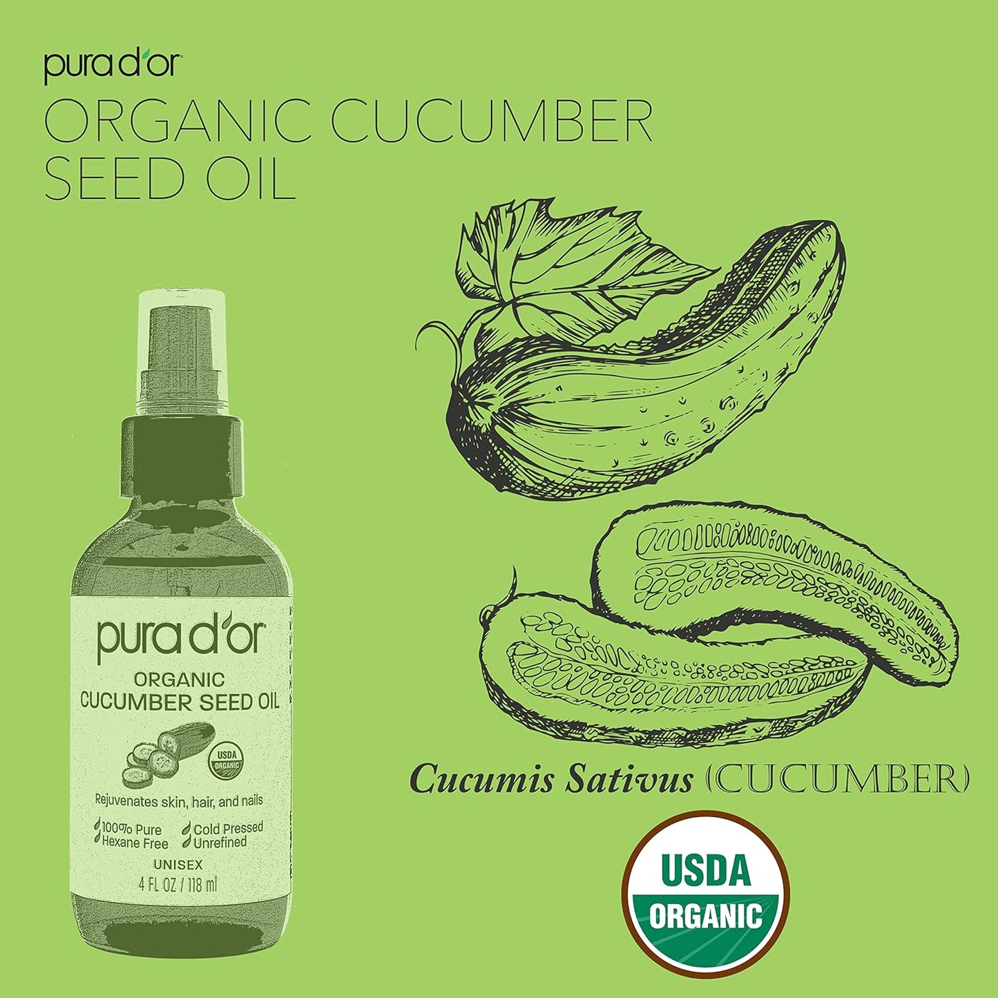 PURA D'OR 4 Oz Organic Cucumber Seed Oil100% Pure USDA Certified Premium Grade All Natural Moisturizer, Cold Pressed, Unrefined, Hexane-Free Base Carrier Oil for DIY Skin Care For Men & Women
