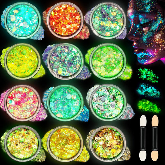 12 Colors Makeup Body Glitter Gel and Face Glitter Gel, Glow in The Dark for Hair and Eyeshadow, UV Black Light for Raves Festivals, Makeup for Women and Kids