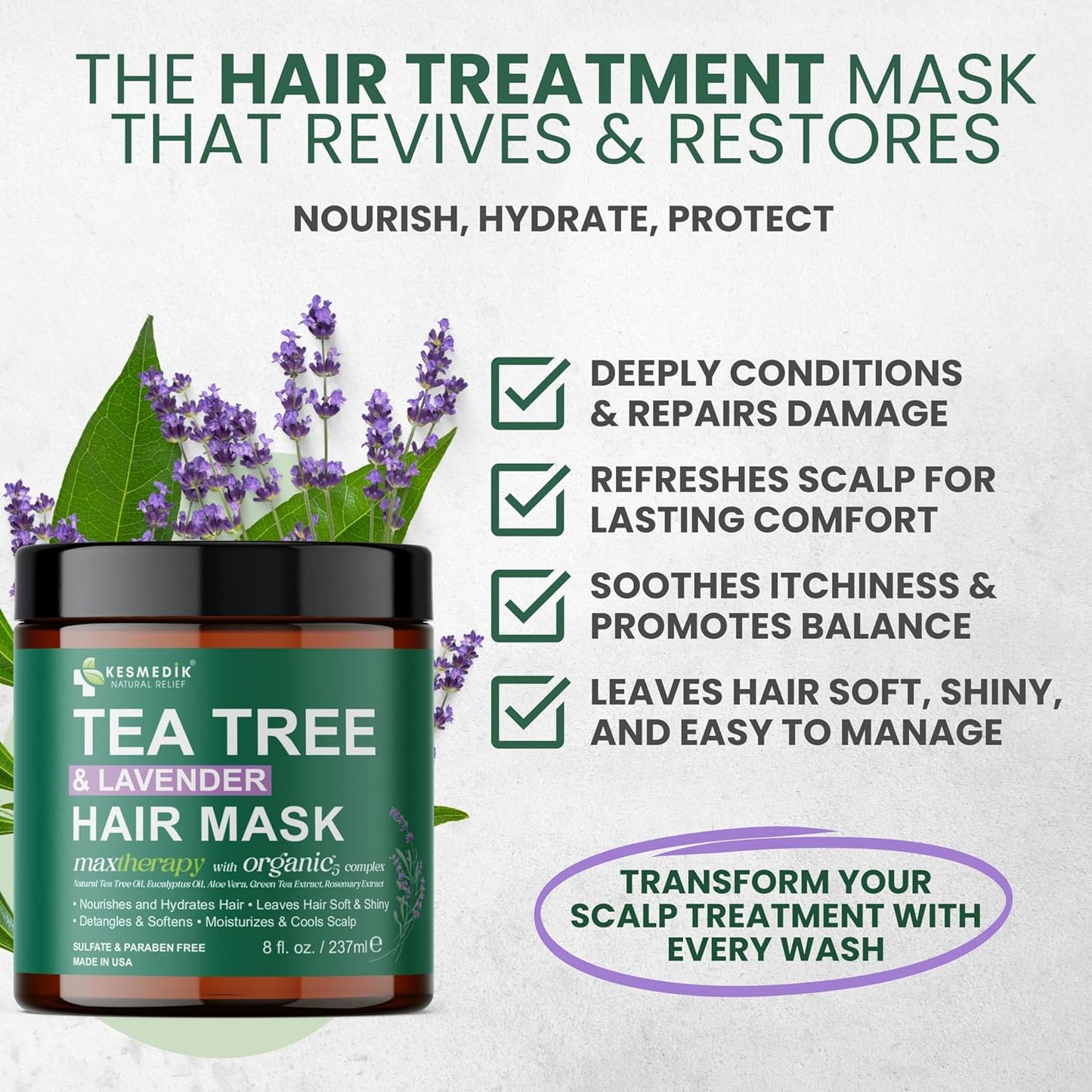 Pure Tea Tree Oil Hair Mask & Scalp Treatment, Deep Conditioner for Damaged & Dry Hair, Hydrates & Soothes Itchy, Scalp Psoriasis Relief, Men & Women, Paraben & Sulfates Free