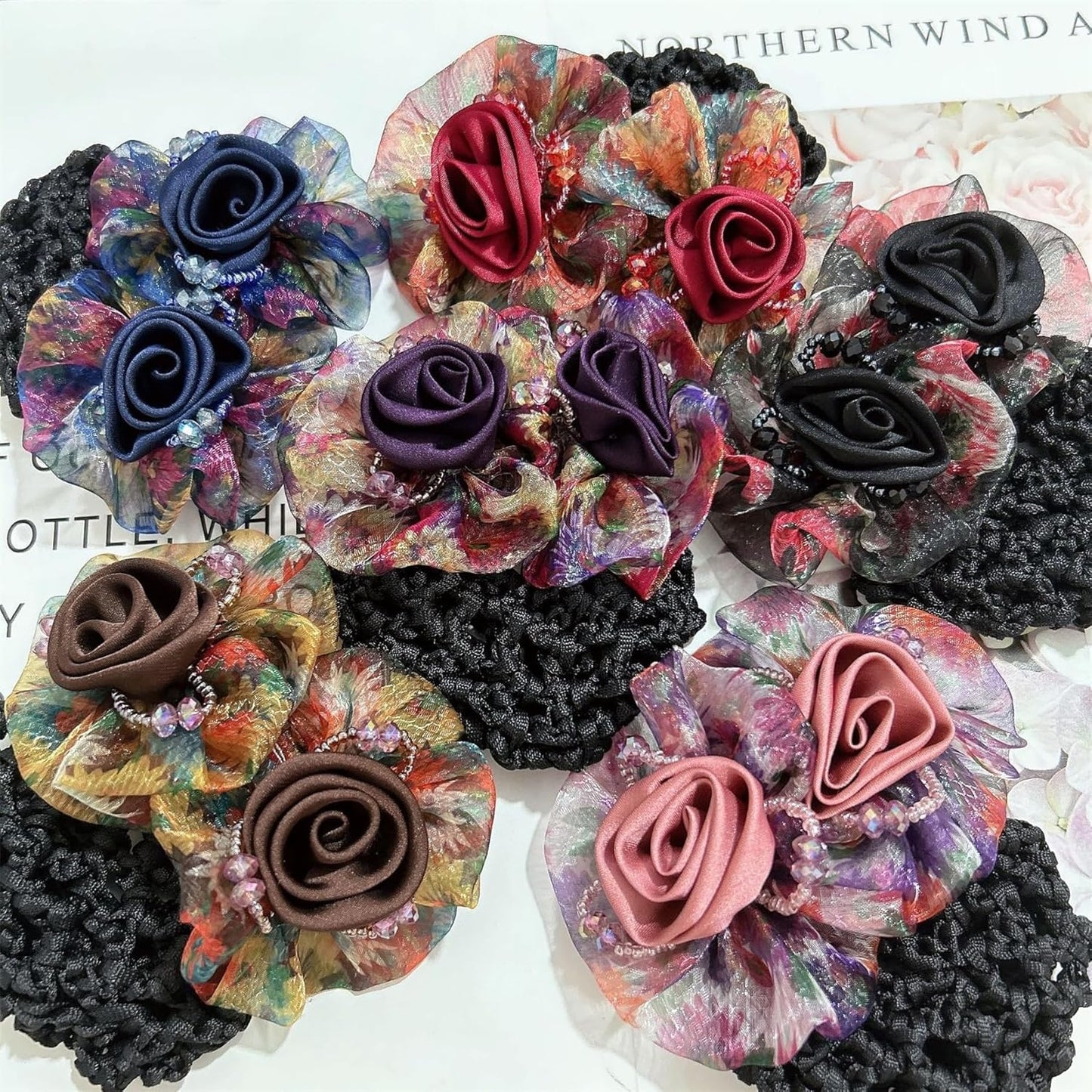 3 Pcs Flower Hair Bun Holder Covers with Bowknot Hair Clips, Ribbon Barrettes, and Hair Net Snood for Women