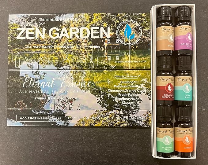 Eternal Essence Oils Zen Garden Set of 6 Premium Fragrance Oils - Includes Cinnamon Orange Clove, Bamboo, Fresh Rain, Lavender Patchouli Vanilla, Rosemary Mint & Amber Scented Oils - 10ML