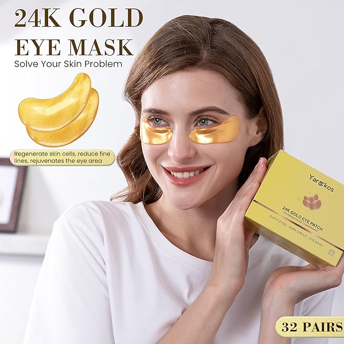 32 Pairs 24K Gold Under Eye Patches, Golden Cooling Hydrating Eye Mask for Dark Circles Puffiness Puffy Eyes, 32 Sets Anti Wrinkle Collagen Undereye Pad, Travel Beauty Skincare Face Gel