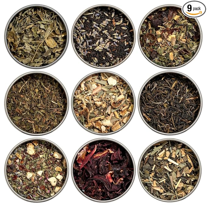 Heavenly Tea Leaves Organic Wellness Tea Sampler (Approx. 90 Servings of Tea), 9 Assorted Loose Leaf Teas & Herbal Tisanes - Great Hot or Iced, High & No Caffeine Teas, Mother's Day Gifts for Mom