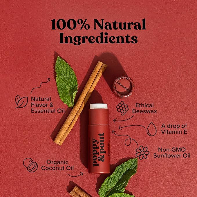 Poppy & Pout Cinnamint Jumbo Lip Balm | All Natural Lip Balms & Moisturizers | Hydrates with Beeswax, Vitamin E, Organic Coconut Oil | Cruelty-Free | Lip Balm in Recyclable Cardboard Tube