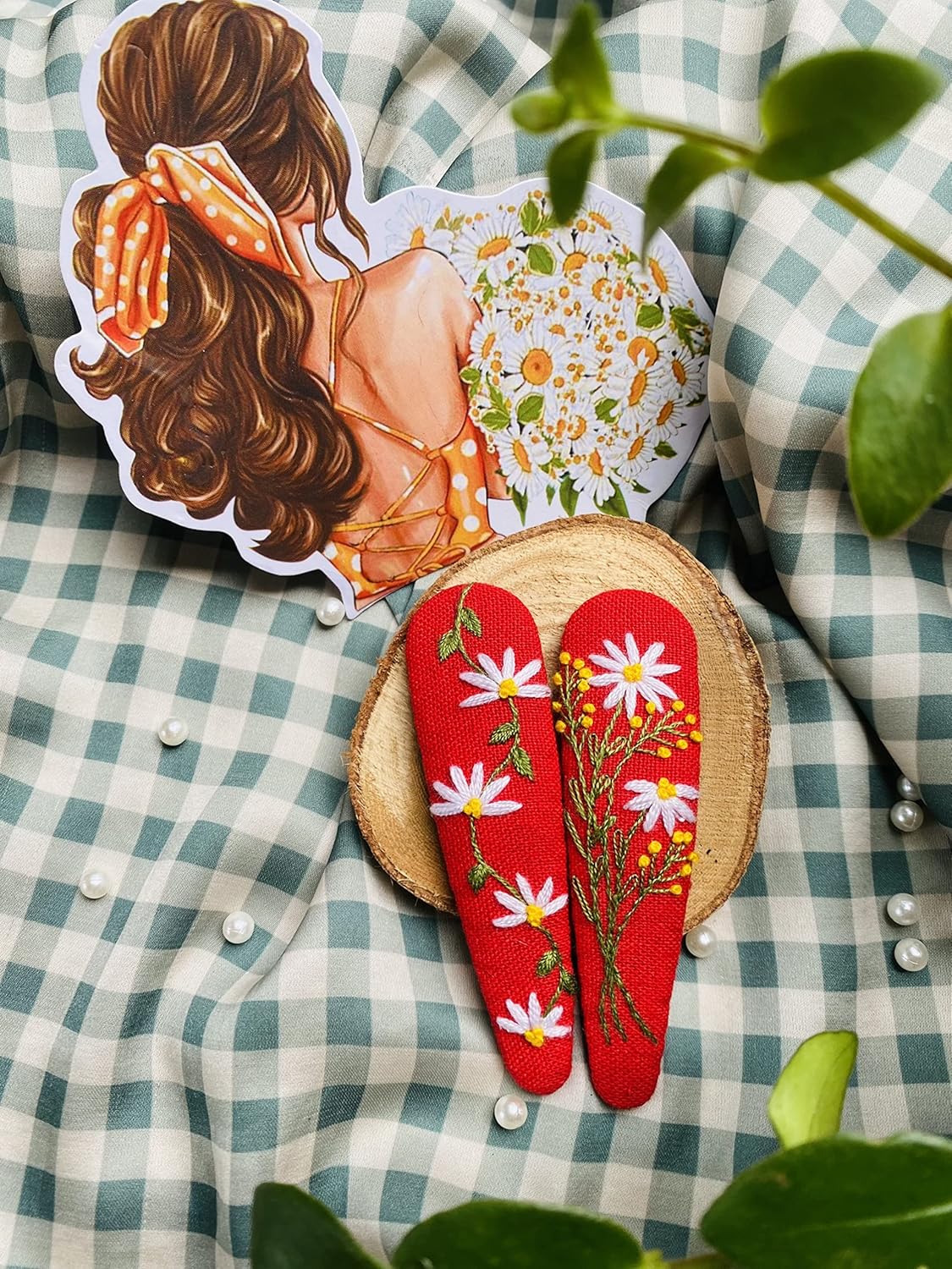 ETA Set of 2 Cute Handmade Embroidery Hair clips, Vintage Embroidered Flower Floral Gift Daughter, Teenager, Woman, Girlfriend, Wife, Unique Accessory, Red, HC14