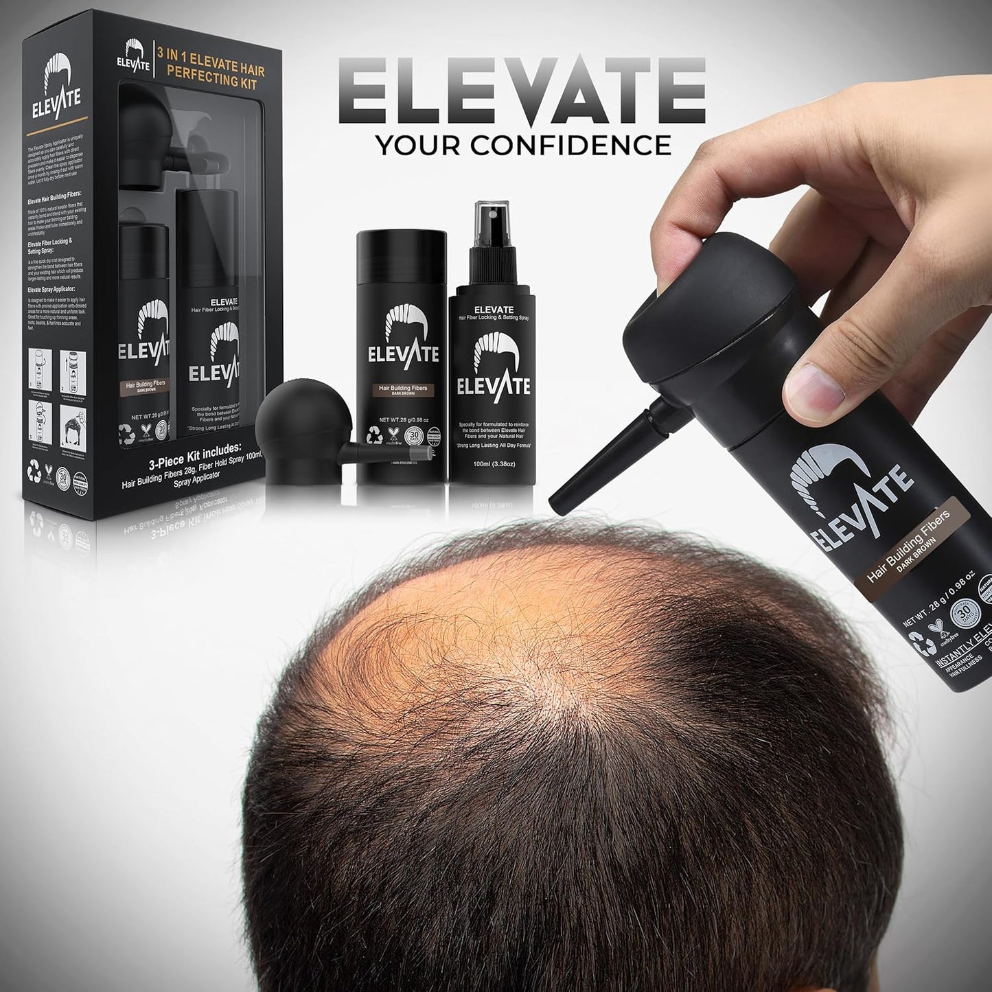 ELEVATE Hair Perfecting 3-in-1 Kit Set Includes Natural Thickening Fibers, Applicator Pump Nozzle & Locking Hold Spray | Instantly Conceal Balding Areas (Dark Brown)