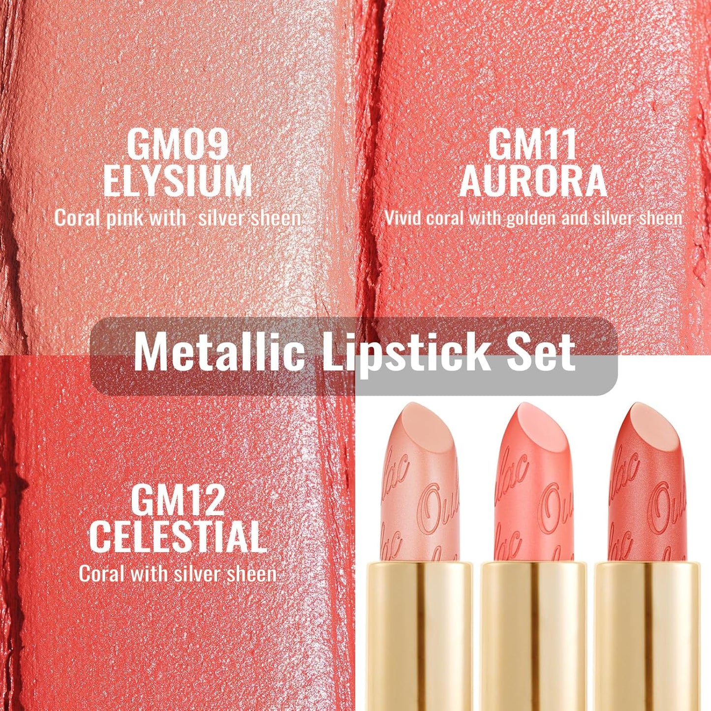 Oulac Metallic Coral Lipstick Set 3PCS High Impact Lipcolor with Moisturizing Formula, Vegan Beauty, Full-Coverage Lip Color, Gift Lipstick for Women, 4.3g X 3PCS, GM09+GM11+GM12
