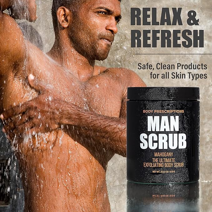 Body Prescriptions Men’s Exfoliating Body Scrub – Ultimate Skin Cleansing Wash in Jar with Twist-Top Lid, For All Skin Types, 21 Ounce (Pack of 4), Mahogany