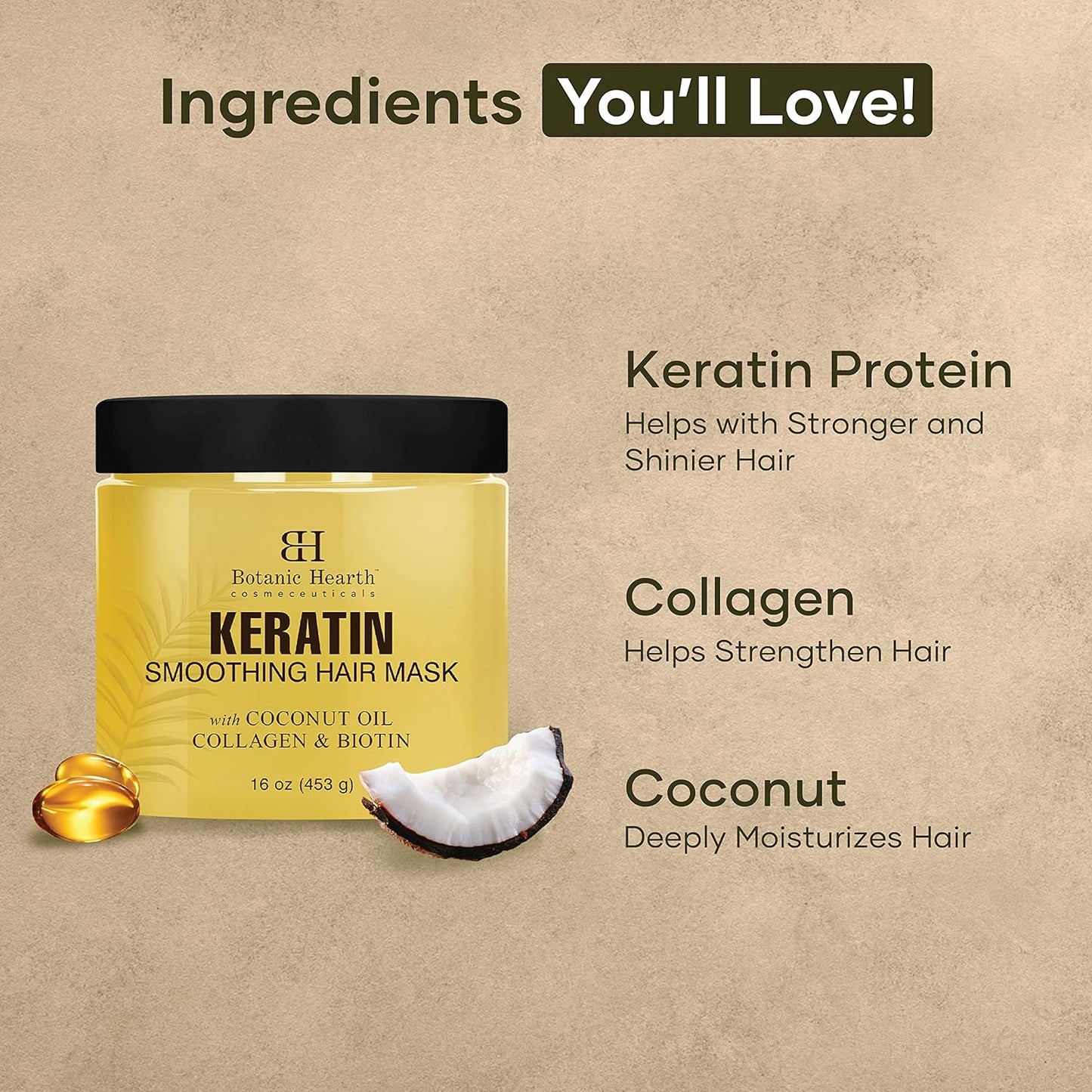 Botanic Hearth Keratin Hair Mask | Biotin, Collagen & Coconut Oil | For Dry Damaged Treated Hair | Restore, Repair, Smoothing, Conditioning & Strengthen All Hair Types | For Men & Women | 16 Oz