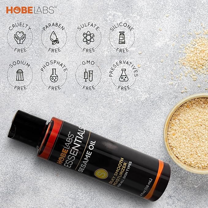 Hobe Labs Sesame Oil - 4 oz - Natural Moisturizer for All Skin Types, Antioxidant & Vitamin Rich Formula, Premium Massage Oil with Light Texture to Rejuvenate and Revitalize