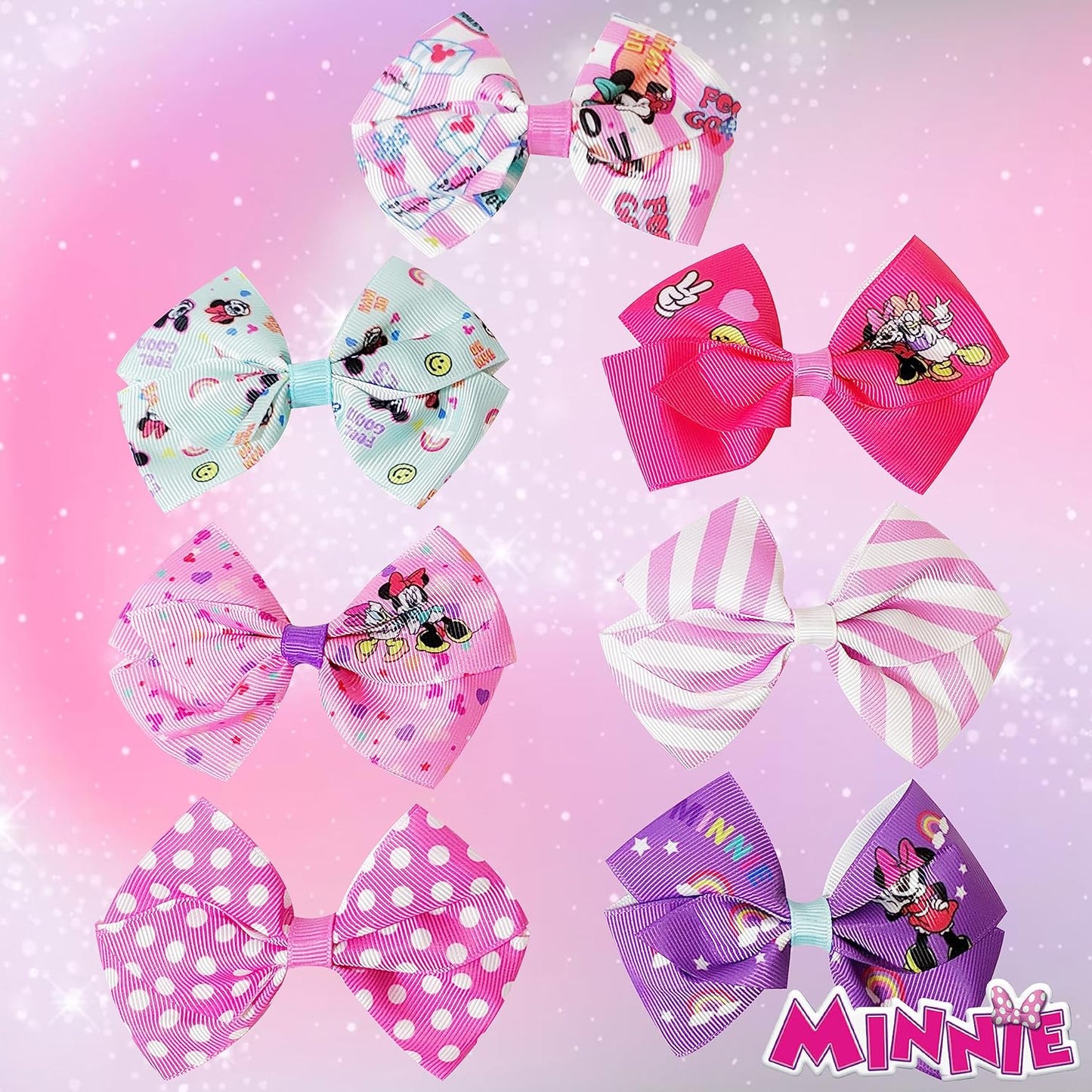 Disney Minnie Mouse Hair Bows - Hair Accessories Gift Set - Minnie Hair Bow - 7 Pcs 4 Inch Bundle - Hair Bows for Girls - Minnie on each clip - Alligator Clip - Ages 3 +