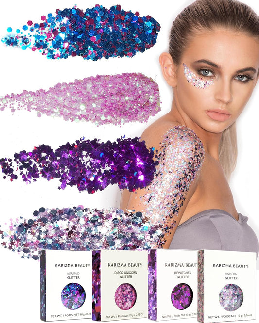 KARIZMA Enchanted Glitter Pack! 4x 10g Chunky Face Glitter, Hair Glitter, Eye Glitter and Body Glitter for Women and Men. Rave Glitter, Festival Accessories and Cosmetic Glitter Makeup.
