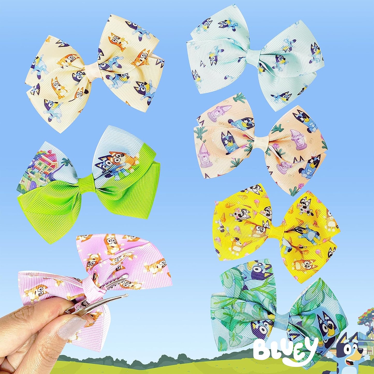 Bluey Kids Hair Bows - Hair Accessories Gift Set - Bluey Hair Bow - 7 Pcs 4 Inch Bow Bundle - HairBows for Girls - Different Bluey print on each clip - Alligator Clip - Ages 3 +