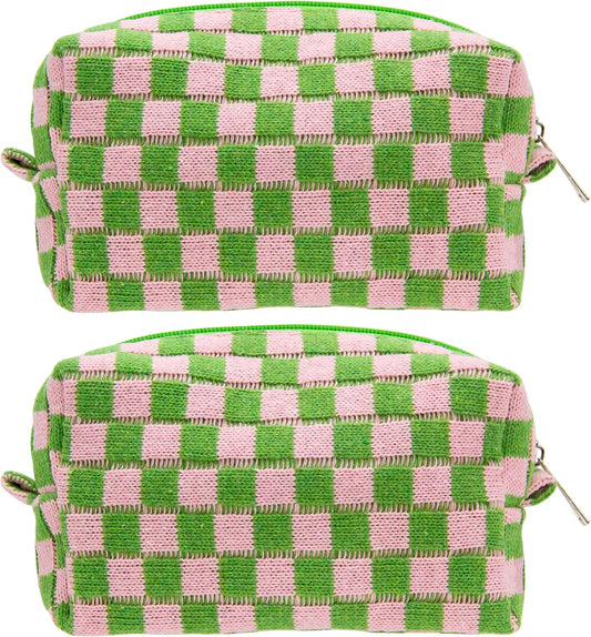 PAZIMIIK 2PCS Checkered Makeup Bag for Purse Portable Zipper Make Up Pouch Small Cosmetic Case for Travel Accessories Pink Green