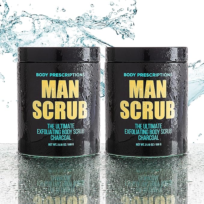 Body Prescriptions Men’s Exfoliating Body Scrub – Ultimate Skin Cleansing Wash in Jar with Twist-Top Lid, For All Skin Types, 21 Ounce (Pack of 2), Charcoal