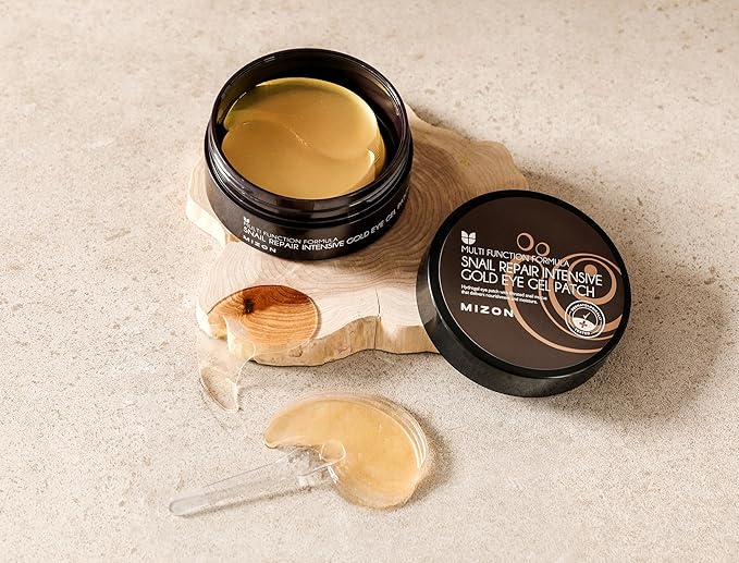 MIZON Snail Gold Eye Gel Patches + Cicaluronic Vegan De-puffing Eye Patches. Intensive eye skincare, anti-wrinkle, de-puffing, refreshing, soothing, hydrating.