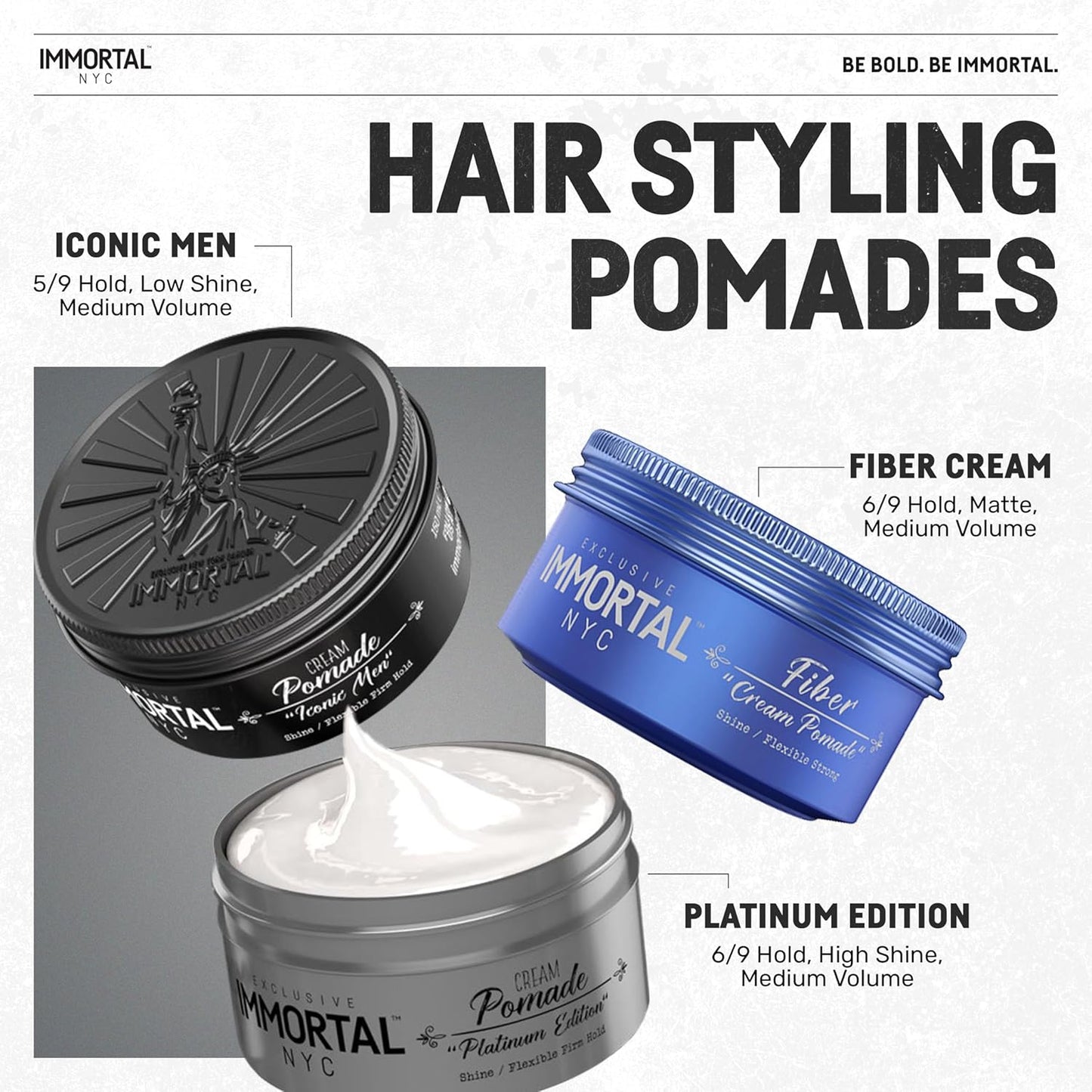 Immortal NYC Iconic Men Cream Pomade - Flex Medium/Stong Hold - Low Shine All Natural Water-Based Hair Cream Pomade for Men - No Residue, All Hair Types