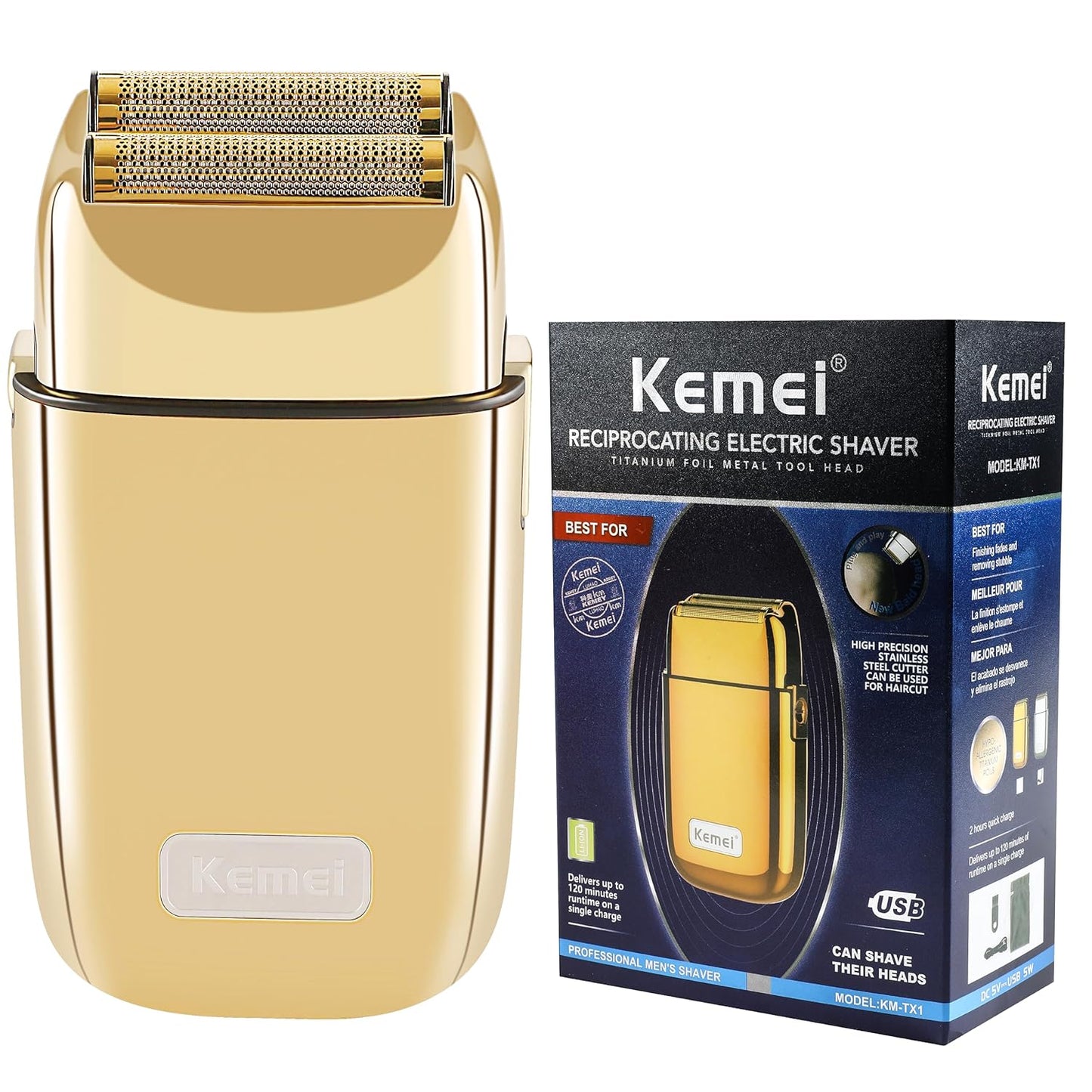 Kemei Cordless Metal Double Electric Shaver Razor for Men Close Electric Shavers, Type-C Rechargeable for Wet/Dry Shaving, KM-TX1 Gold