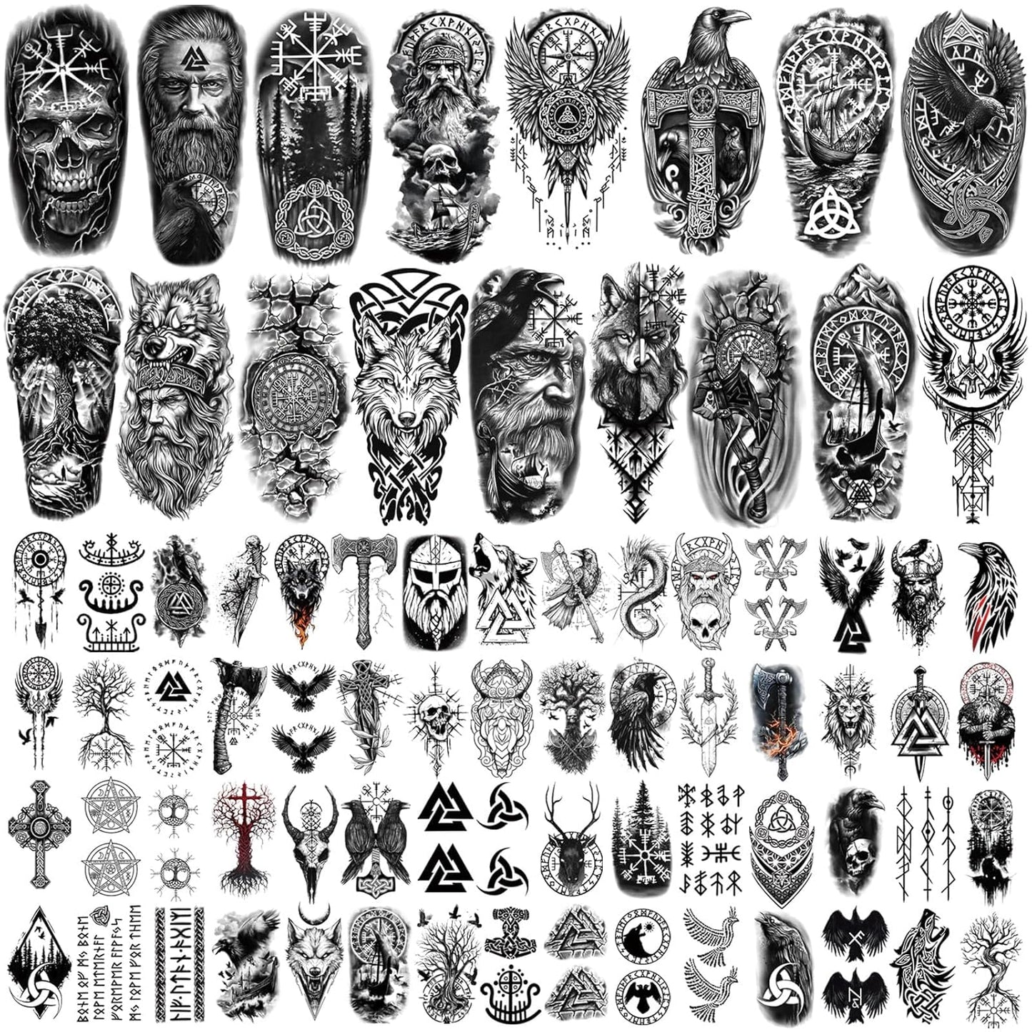 Viking Temporary Tattoos for Adults, 77 Sheets Viking Fake Tattoos for Men and Women, Black Large Norse Tattoo Sleeve Stickers