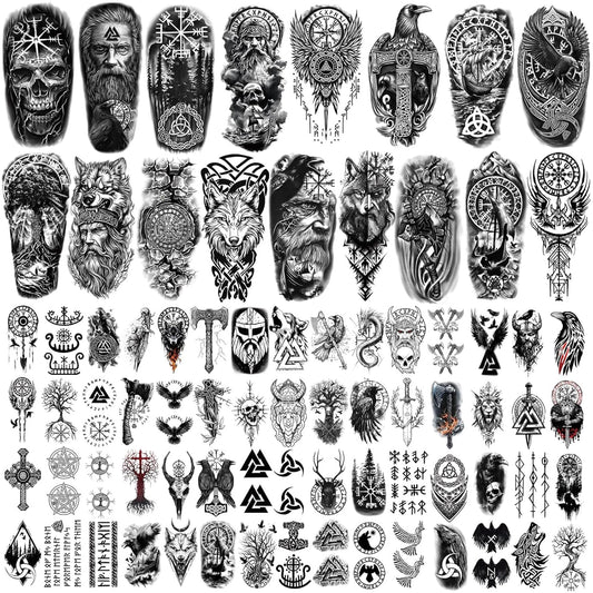 Viking Temporary Tattoos for Adults, 77 Sheets Viking Fake Tattoos for Men and Women, Black Large Norse Tattoo Sleeve Stickers