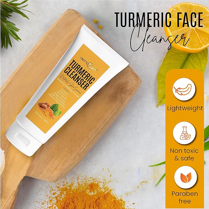 Turmeric Oil with Facial Cleanser Bundle – Organic Moisturizer for Acne, Dark Spots, Anti-Aging, & Hydration + Exfoliating Cleanser for Acne Scars & Skin Discoloration (2 FL OZ + 5 OZ)