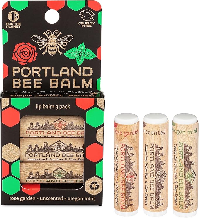 Portland Bee Balm All Natural Handmade Beeswax Based Lip Balm Unscented, Oregon Mint and Rose Assortment 3 Count
