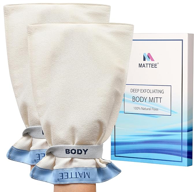 MATTEE 2 packs of 100% Natural Premium Deep Exfoliating Mitt, Exfoliating Glove, Korean Exfoliating Mitt, Kese Exfoliating Glove, Visibly Lifts Away Dead Skin, No Dye