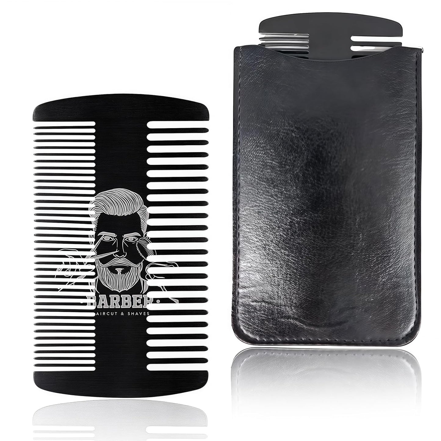 Metal Beard & Mustache Comb for Men - Anti-Static Dual Action - Credit Card Size Stainless Steel EDC Comb, Lice Wallet Pocket, Fine Cutting Teasing Barber Hair Styling - Black